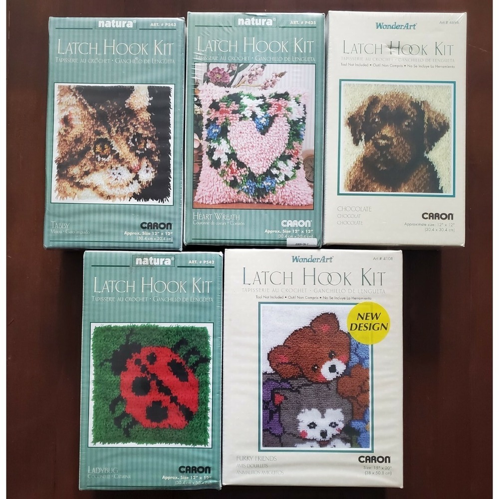 Lot of 5 Caron Latch Hook Kits Kitten Puppy Heart Teddy Bear Ladybug NEW Sealed